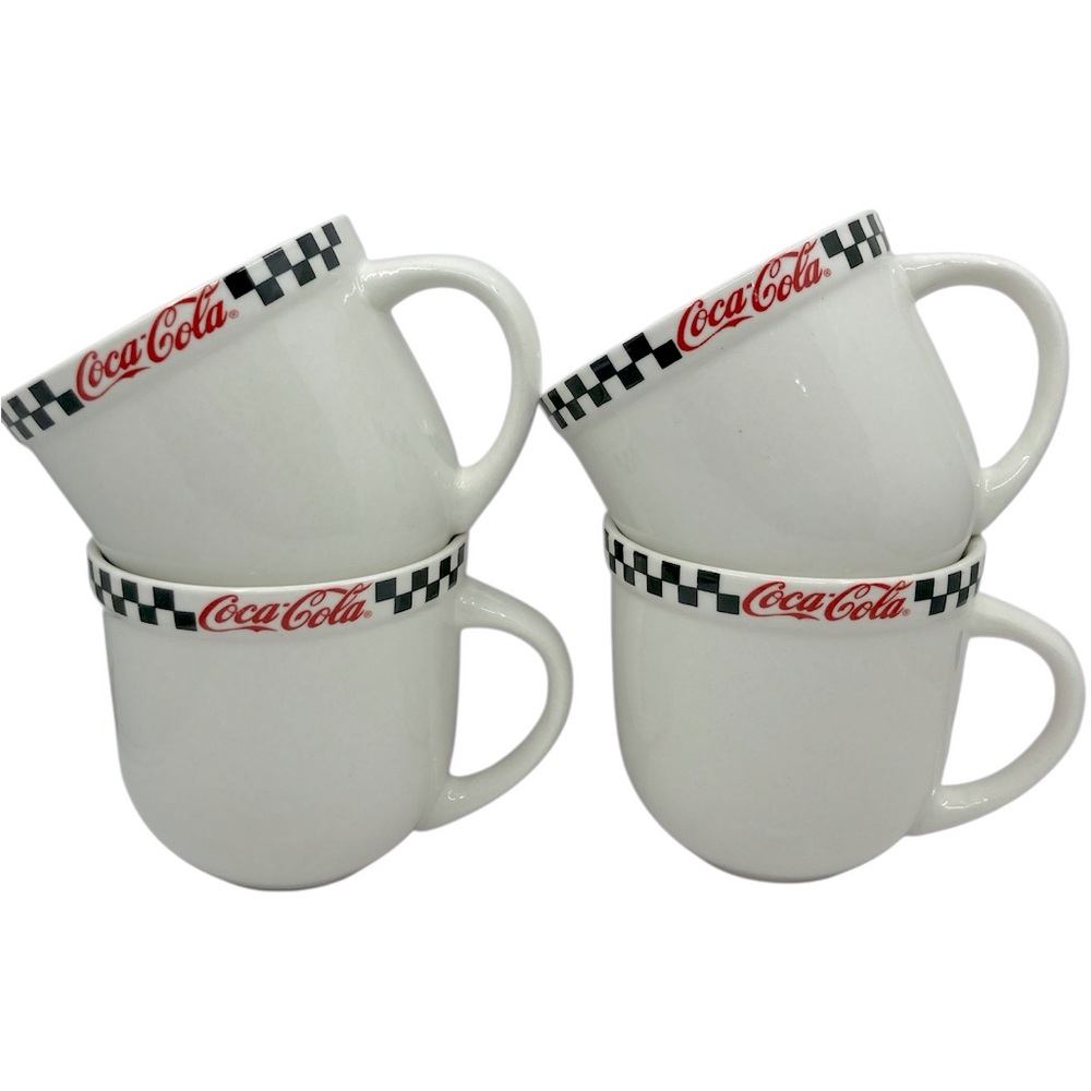 Coca-Cola Gibson Mugs Set of 4 Black Checker Diner Style 2002 Vintage Cups